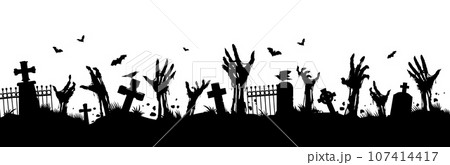 Scary cemetery landscape, zombie hand silhouettes. Vector creepy graveyard with monster arms stick up from the tombs, crows sitting on fence, black necropolis with undead creatures on white background Scary cemetery landscape, zombie hand silhouettes. Vector creepy graveyard with monster arms stick up from the tombs, crows sitting on fence, black necropolis with undead creatures on white background 107414417