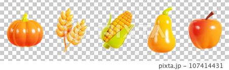 Autumn seasonal harvest icons 3d render set. Ripe fall fruits and vegetables for seasonal crop festival or thanksgiving banner - orange and yellow pear-shaped pumpkins, apple and corn, wheat ears. Autumn seasonal harvest icons 3d render set. Ripe fall fruits and vegetables for seasonal crop festival or thanksgiving banner - orange and yellow pear-shaped pumpkins, apple and corn, wheat ears. 107414431