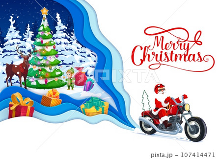 Christmas paper cut winter forest, gifts on snow and funny Santa on bike, vector holidays card. Merry Christmas holiday paper cut greeting with Xmas tree, Santa reindeer and elf in paper cutout layers 107414471
