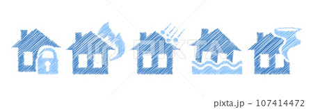 House and Property Insurance Blue Flat Icon Pen Drawn Vector Set 107414472