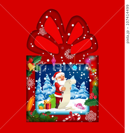 Christmas paper cut double exposition with gift, holiday decorations and Santa. Vector 3d layered frame in shape of present box with bow and funny Father Noel reading scroll with kids wishes 107414499