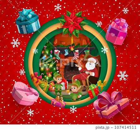 Cartoon Christmas paper cut banner with presents and snowflakes, Santa and elves near fireplace. Xmas holiday paper cut vector background with Santa funny character, Christmas stockings and gifts Cartoon Christmas paper cut banner with presents and snowflakes, Santa and elves near fireplace. Xmas holiday paper cut vector background with Santa funny character, Christmas stockings and gifts 107414511