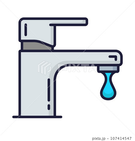Color plumbing service icon. Toilet, pipe, bathroom problems. Isolated vector linear sign of the leaky faucet with water drop, broken tap need repair and fixing, outline symbol 107414547