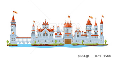 Medieval fortress castle tower and turret, wall and palace, gate, bridge and fort, vector fairytale princess or king house architecture. Ancient fortified castle, palace, fortress, citadel and mansion 107414566