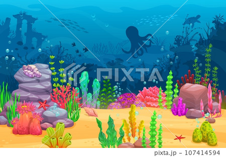 Cartoon underwater landscape, sea water animals and tropical ocean coral reef game level vector background. Blue waves with fish, octopus, sea turtle, starfish and seaweed silhouettes, game assets 107414594