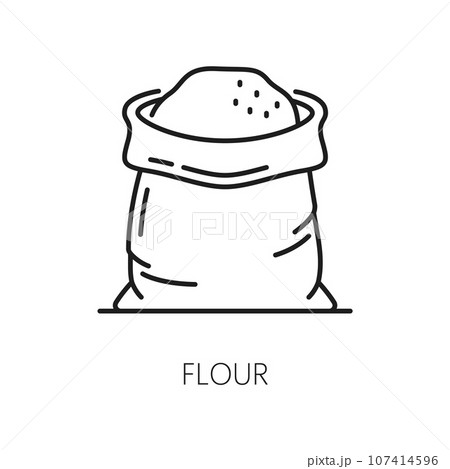 Bag of flour, home bakery and pastry food icon, cooking symbol. Vector pictogram of sack of cereal grains, barley or burlap, corn or grains 107414596