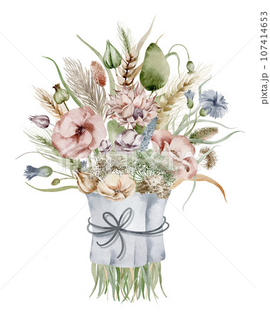 A set of watercolor illustrations of an autumn bouquet of flowers, in warm dim colors on a white background, hand-drawn A set of watercolor illustrations of an autumn bouquet of flowers, in warm dim colors on a white background, hand-drawn 107414653