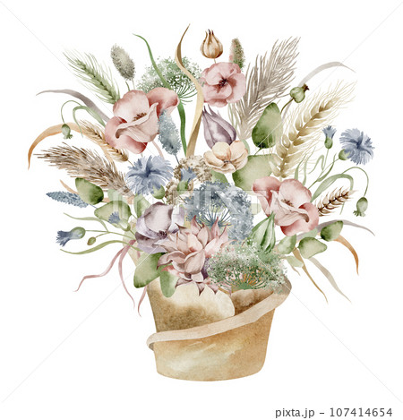 A set of watercolor illustrations of an autumn bouquet of flowers, in warm dim colors on a white background, hand-drawn A set of watercolor illustrations of an autumn bouquet of flowers, in warm dim colors on a white background, hand-drawn 107414654