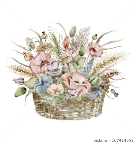 A set of watercolor illustrations of an autumn bouquet of flowers, in warm dim colors on a white background, hand-drawn 107414655