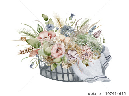 A set of watercolor illustrations of an autumn bouquet of flowers, in warm dim colors on a white background, hand-drawn 107414656