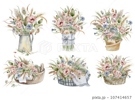 A set of watercolor illustrations of an autumn bouquet of flowers, in warm dim colors on a white background, hand-drawn 107414657
