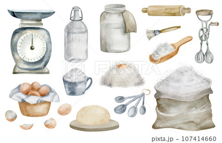 Watercolor drawing set of baking ingredients. Hand drawn sack of flour, dough, eggs and pasuda isolated on white background. Kitchen illustration for bakery logo, blog, book Watercolor drawing set of baking ingredients. Hand drawn sack of flour, dough, eggs and pasuda isolated on white background. Kitchen illustration for bakery logo, blog, book 107414660