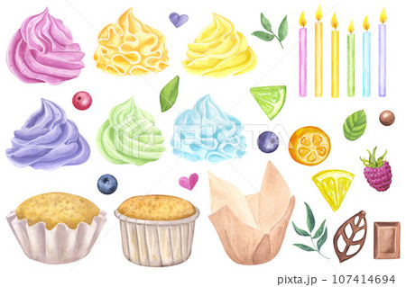Set rainbow multicolored cupcakes muffins, sweet whipped cream. Berries, citrus fruits, chocolate, leaf. Hand drawn watercolor illustration isolated on white background. Food clipart 107414694