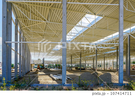 New large building steel framework with corrugated steel roof on reinforced concrete supports 107414711