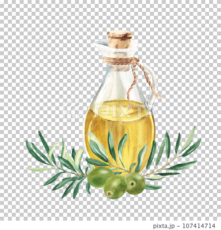 Composition of glass jug with oil and olive branch with green olives. Hand drawn watercolor illustration on a white background. For menu, product and italian, greek, spanish cuisine design 107414714