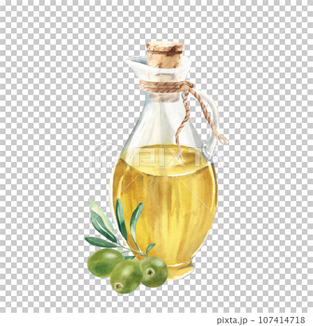 Composition of glass jug with oil and olive branch with green olives. Hand drawn watercolor illustration on a white background. For menu, product and italian, greek, spanish cuisine design Composition of glass jug with oil and olive branch with green olives. Hand drawn watercolor illustration on a white background. For menu, product and italian, greek, spanish cuisine design 107414718