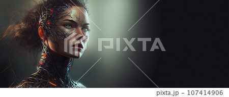 Female android portrait of artificial intelligence avatar. Wires and tech pieces on cyborg head. Generative AI 107414906
