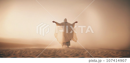 Man in coat stand in a desert sands during the storm, raising hands in praying gesture. Dusty mist. Generative AI 107414907