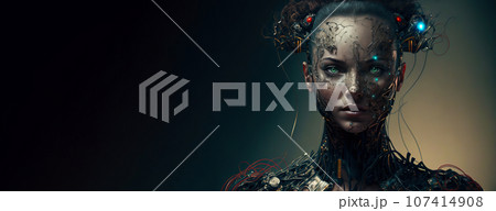 Female android portrait of artificial intelligence avatar. Wires and tech pieces on cyborg head. Generative AI 107414908