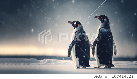 Two adult penguins. Standing on snow. Generative AI 107414922