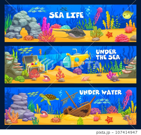 Underwater landscape, cartoon sea animals, seaweed, submarine and treasure chest, vector ocean bottom. Undersea coral reef or ocean world banners with bathyscaphe and sunken ship, turtle and jellyfish Underwater landscape, cartoon sea animals, seaweed, submarine and treasure chest, vector ocean bottom. Undersea coral reef or ocean world banners with bathyscaphe and sunken ship, turtle and jellyfish 107414947