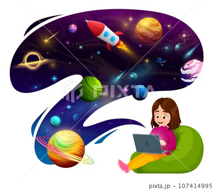 Child girl sitting on bag chair with laptop and dreaming about space discovery, cartoon vector. Kid girl study outer space and dream of astronaut rocket spaceflight to extraterrestrial planets 107414995