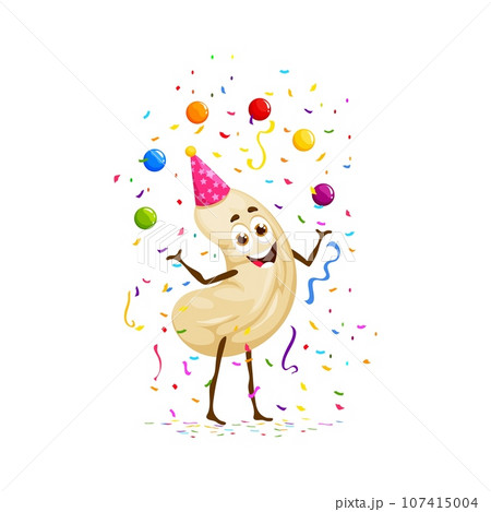 Cartoon cashew nut character entertains at a birthday party by skillfully juggling colorful balls, bringing joy and laughter to holiday celebration. Isolated vector snack personage wear festive hat Cartoon cashew nut character entertains at a birthday party by skillfully juggling colorful balls, bringing joy and laughter to holiday celebration. Isolated vector snack personage wear festive hat 107415004