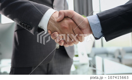 Building a strong business network. two businessmen shaking hands in a modern office. 107415663