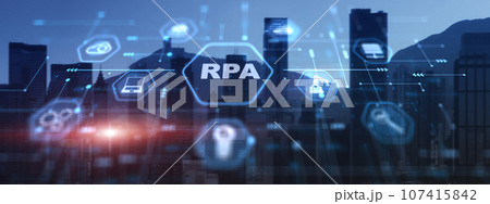 RPA Robotic Process Automation system. Artificial intelligence concept on city background RPA Robotic Process Automation system. Artificial intelligence concept on city background 107415842