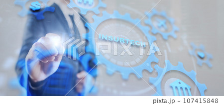 Technology icons and INSURTECH inscription, web technology concept 2023 Technology icons and INSURTECH inscription, web technology concept 2023 107415848