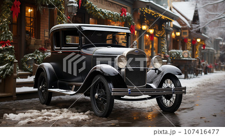 Classic Vintage Car Parked Outside The Festively Christmas Decorated Shops. Generative AI. 107416477