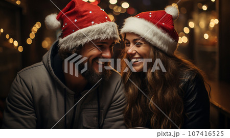 Festive Young Couple Wearing Santa Hats Laughing Together In the Snowy Evening. Generative AI. 107416525