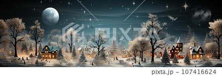 Miniature Holiday Christmas Decorated Town and Snowy Village Scene Banner. Generative AI. 107416624
