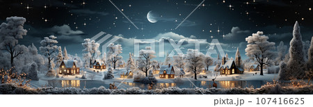 Miniature Holiday Christmas Decorated Town and Snowy Village Scene Banner. Generative AI. 107416625