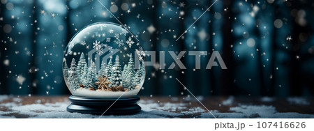 Christmas Snow Globe with Pine Trees and Cabin on a Wood Surface Banner. Generative AI. 107416626