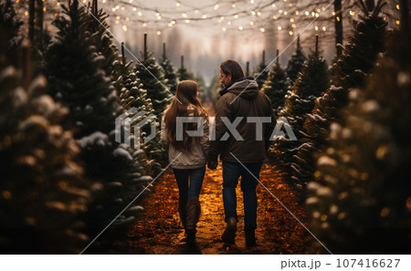 Young Romantic Couple Walking to Choose A Christmas Tree at the Farm. Generative AI. 107416627