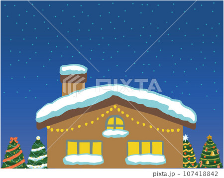 夜空と雪の積もった家とクリスマスツリーの背景イラスト 夜空と雪の積もった家とクリスマスツリーの背景イラスト 107418842