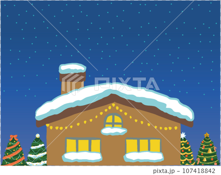 夜空と雪の積もった家とクリスマスツリーの背景イラスト 夜空と雪の積もった家とクリスマスツリーの背景イラスト 107418842