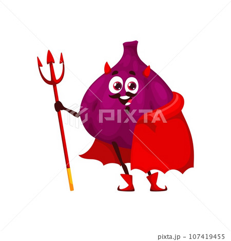 Cartoon funny Halloween figs fruit character in holiday devil costume. Isolated vector mischievous fig, dressed as an imp or satan, sports a cheeky grin with horns, red cape, boots and pitchfork Cartoon funny Halloween figs fruit character in holiday devil costume. Isolated vector mischievous fig, dressed as an imp or satan, sports a cheeky grin with horns, red cape, boots and pitchfork 107419455