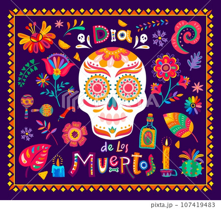 Day of the dead mexican holiday banner. Dia de los muertos calavera skull, tropical flowers and candles, tequila drink and jalapeno peppers. Vector greeting card in traditional alebrije ethnic style Day of the dead mexican holiday banner. Dia de los muertos calavera skull, tropical flowers and candles, tequila drink and jalapeno peppers. Vector greeting card in traditional alebrije ethnic style 107419483