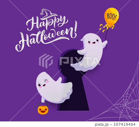 Halloween cute flying kawaii ghosts in keyhole with boo balloon and pumpkin for holiday, cartoon vector. Happy Halloween or horror night party greeting with witch hat and cute ghosts with spiderweb Halloween cute flying kawaii ghosts in keyhole with boo balloon and pumpkin for holiday, cartoon vector. Happy Halloween or horror night party greeting with witch hat and cute ghosts with spiderweb 107419484