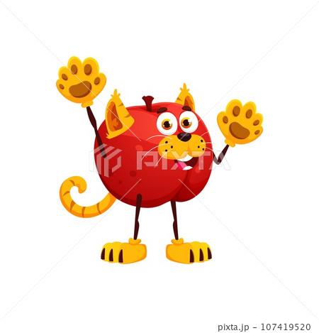 Cartoon funny Halloween plum fruit character in holiday costume of cat. Isolated vector playful juicy personage dons a mischievous kitten ears, tail and paws, brings fruity fun with its feline antics Cartoon funny Halloween plum fruit character in holiday costume of cat. Isolated vector playful juicy personage dons a mischievous kitten ears, tail and paws, brings fruity fun with its feline antics 107419520