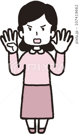 左手5本指、右手は4本指の45のハンドサインをして怒っている女性の全身イラスト 左手5本指、右手は4本指の45のハンドサインをして怒っている女性の全身イラスト 107419662