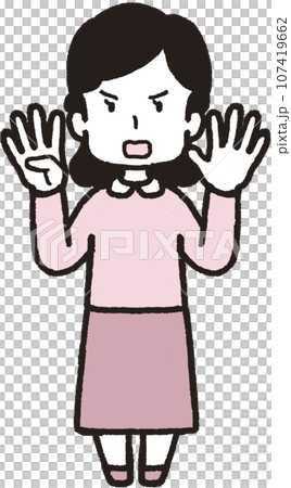左手5本指、右手は4本指の45のハンドサインをして怒っている女性の全身イラスト 左手5本指、右手は4本指の45のハンドサインをして怒っている女性の全身イラスト 107419662