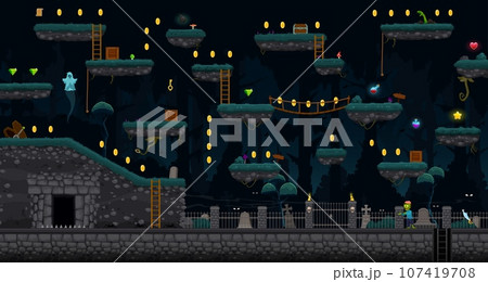 Arcade Halloween cemetery game level map interface. Platform and ghosts, zombie and coins, tomb stones and graves. Cartoon vector ui parallax background with night graveyard, monsters and assets 107419708