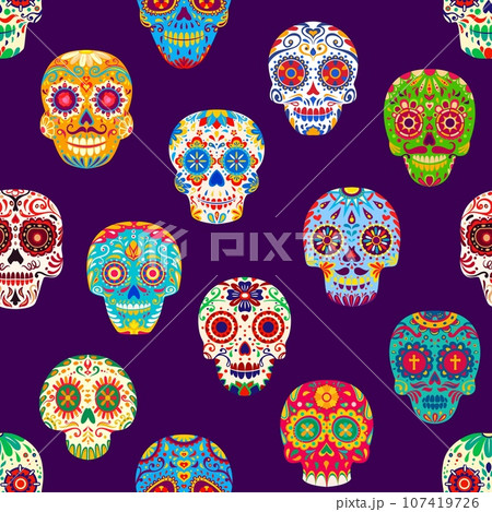 Sugar Skull Day of the Dead Repeating Pattern Cartoon Style