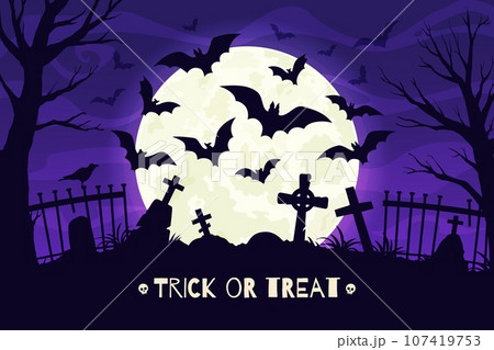Flock of bats on night Halloween cemetery landscape. Trick or treat holiday vector silhouettes of horror bats cloud, tombstone crosses and creepy trees on purple sky background, moon and dark clouds 107419753