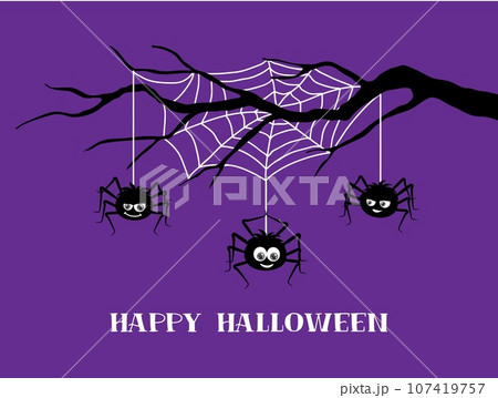 Funny Halloween spiders on cobweb holiday banner, vector trick or treat night characters. Cute black spiders insects hanging on creepy tree with white threads of spiderweb, Halloween greeting card 107419757