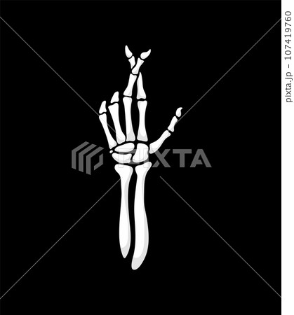 Skeleton hand forms a deceptive crossed fingers gesture, a bony representation of falsehood and hidden intentions. Isolated vector Halloween skeletal arm showing lie gesticulation and body language 107419760