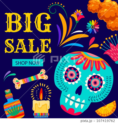 Day of the Dead Dia De Los Muertos mexican holiday big sale banner. Vector sugar skull, marigold flowers, candle and tequila, Mexico Halloween holiday special offer flyer with latin ethnic pattern Day of the Dead Dia De Los Muertos mexican holiday big sale banner. Vector sugar skull, marigold flowers, candle and tequila, Mexico Halloween holiday special offer flyer with latin ethnic pattern 107419762